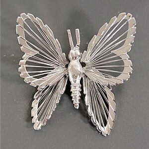 Monet Vintage Silver Tone Boho High Gloss Open Wing Signed Butterfly Brooch Pin